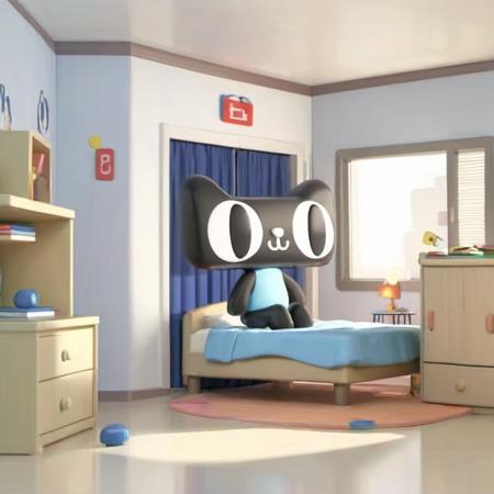 ip,lying in bed,cartoon style,indoor,bed,wardrobe,tables and chairs,window,<lora:tianmao IP:1>,