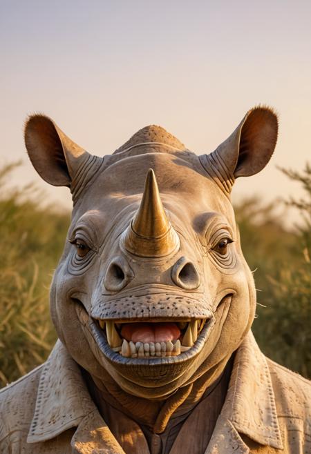 Close up portrait of a gentle giant rhino, big smile, white teeth, soft fur, warm beige and golden color scheme, distinctive horns, life-size, playful demeanor, African savannah environment, subtle fantasy elements of a crescent moon glowing in the background, whimsical style, muted earthy color palette, calming mood, natural lighting with dappled shadows, third-person perspective composition emphasizing the subject's smile, scattered wildflowers and wispy clouds in the background.  <lora:big_smile_sdxl_v1:1>