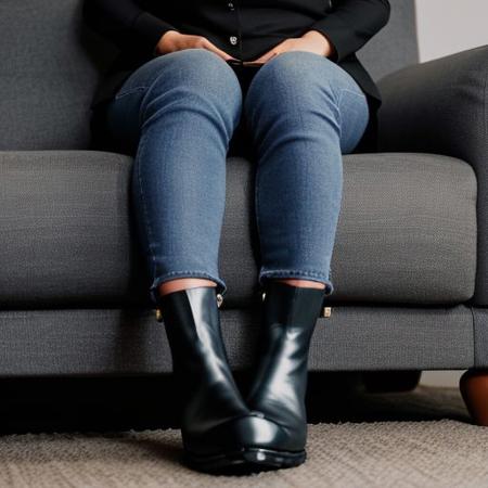 photo of 32 years old woman sitting on couch, wearing chelsea boots, focus on boots, view from the floor, extremely low angle