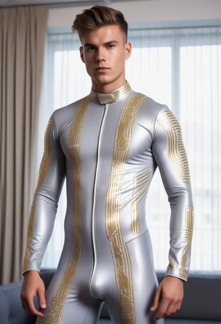 a strong 24-year-old british hunk male, with a side fringe curtains undercut hairstyle, detailed face, mindless expression,  wearing a skin tight light-gray rubber suit with silver and gold electronics circuits patterns, wearing a light-gray rubber jockstrap, on a modern living room, standing at attention pose, full body visible, looking at viewer, portrait, photography, detailed skin, detailed rubber texture, realistic, photo-realistic, 8k, highly detailed, full length frame, High detail RAW color art, diffused soft lighting, shallow depth of field, sharp focus, hyperrealism, cinematic lighting