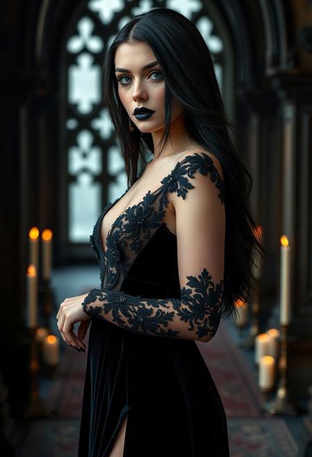 Gorgeous (30-year-old:1.2) Caucasian woman in (gothic attire:1.3), looking at viewer (dominantly:1.4) and (seductively:1.5). Long (black hair:1.3) flowing, (big green eyes:1.2) with (long eyelashes:1.1), (black mascara:1.1), (black eyeliner:1.1), (smokey eye:1.2). (Luscious lips:1.2) painted (black:1.3) with (glossy effect:1.2). (Pale skin:1.1), (sexy classy curves:1.2), wearing (long black velvet dress:1.3) with (lacy finish:1.2) and (black gemstones embroidery:1.2). (Elegant black nails:1.1), (black classy high heels:1.2), (black stockings:1.1), dress with (slit:1.3) revealing leg. Full body realistic photo in (gothic castle:1.4), lit by (candles:1.2), professional perspective, (highest quality:1.5), (best detail:1.5).