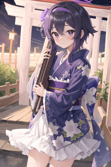 haruka, 1girl, halo, short hair with long locks, purple hairband
japanese clothes, purple kimono, kimono skirt, obi, hair flower, floral print, frills, wide sleeves, 
from side, cowboy shot, looking to the side, looking at viewer
rifle, shotgun, holding weapon, object hug
BREAK (nervous:1.15), ([closed mouth|light smile]:0.85), blush
night sky, shinto shrine, ema, new year, legs
<lora:chara-haruka-v1b-32:1>,