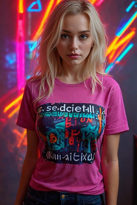 "Beautiful blonde young woman with seductive expression, revealing outfit, 'DIGITAL ART MATRIX' text on colorful shirt, high detail, artistic lighting, 4K resolution" <lora:add-detail-xl:1> <lora:extremely_detailed:1> <lora:Flux-style-xl-lora:1>