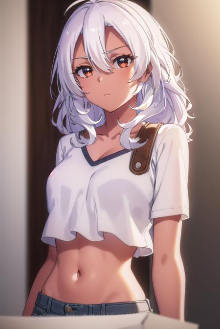 altriagrem, <lora:altria grem s2-lora-nochekaiser:1>,
altria grem, long hair, hair between eyes, (brown eyes:1.3), ahoge, white hair, dark skin, dark-skinned female,
BREAK shirt, navel, cleavage, collarbone, white shirt, midriff, belt, pants, dark skin, dark-skinned female, crop top, denim,
BREAK indoors, classroom,
BREAK looking at viewer, ()
BREAK <lyco:GoodHands-beta2:1>, (masterpiece:1.2), best quality, high resolution, unity 8k wallpaper, (illustration:0.8), (beautiful detailed eyes:1.6), extremely detailed face, perfect lighting, extremely detailed CG, (perfect hands, perfect anatomy),