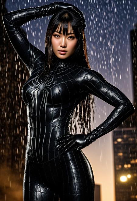 score_9, score_8_up, score_7_up, best quality, realistic, masterpiece, beautiful detail, hyperrealistic, night sky, ((1girl, woman body, big breasts)), amazing detailed full body portrait of a beautiful japanese girl, wearing a realistic and highly detailed black raimi spider-man suit, ((huge muscular girl)), professional model wears ultra - detailed black raimi spider - man suit, ultra - detailed and grained black raimi spiderman suit, suit covered entire body and hand, black spiderman gloves, wet, (dynamic dance pose), (full body), (dirty skin), close up, octane render, highly detailed, volumetric, dramatic lighting, (highest quality:1.1), (HDR:1.3), (top quality, best quality), realistic, high definition,