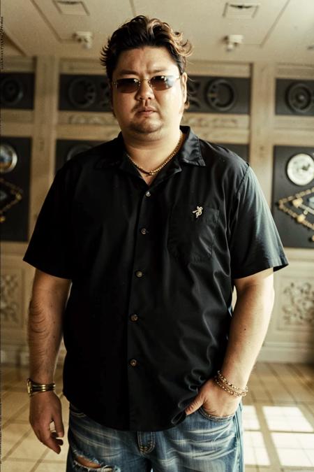 best quality, ultra high res, (photorealistic:1.4), masterpiece, blurry background,indoors,1boy,30 years old,standing ,(looking at viewer),black shirt, Black sunglasses,(fat:1.2) <lora:rongxiang:0.8>