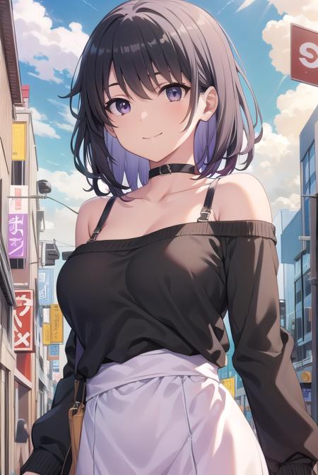 harunoyukinoshita, <lora:haruno yukinoshita-lora-nochekaiser:1>,
haruno yukinoshita, short hair, hair between eyes, (black eyes:1.5), black hair, gradient hair, two-tone hair, purple hair, smile,
BREAK sweater, off shoulder, bra strap, purple sweater, long sleeves, collarbone,
BREAK outdoors, city, sky, sun, people, crowd, buildings, clouds,
BREAK looking at viewer,
BREAK <lyco:GoodHands-beta2:1>, (masterpiece:1.2), best quality, high resolution, unity 8k wallpaper, (illustration:0.8), (beautiful detailed eyes:1.6), extremely detailed face, perfect lighting, extremely detailed CG, (perfect hands, perfect anatomy),