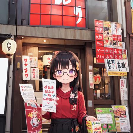 masterpiece, best quality, ultra-detailed, illustration,
1girl, glasses, black hair, long hair, sweater, long skirt, shy smile, happy, v, looking at viewer, upper body,
yukari, storefront, food, night, sign, paper lantern, lantern, shop,
<lora:Okonomiyaki_Yakari_SD15_V1:0.8>