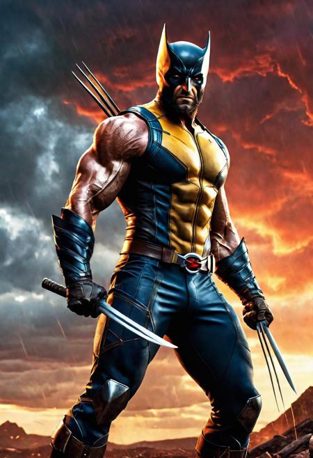 High resolution ultra-realistic of Beautiful Wolverine/Logan with X-23, cinematic lighting, Marvel style, Wolverine with X-23 stand side by side in battle pose on a bloody and stormy battlefield, 8k, realistic modern Wolverine X-Men colorful combat costume, gazing straight ahead, dirty face, realistic brown eyes, full body, ultra realistic, cinematic style, athletic figure, day lighting, sharp focus, digital painting, Photograph Taken on Nikon D750, Alphonse Mucha, Hyperdetailed, hyperrealism, aesthetics reminiscent of X-Men, Attractive, asymmetric balance