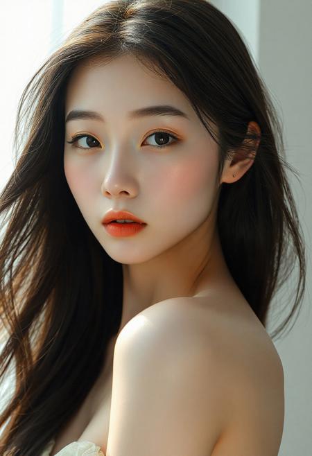 DSLR-style, slender, elegant 26-year-old Korean model, extremely pale skin with natural texture, soft shadow on cheek, diffused daylight from side, parted lips, masterpiece, ultra high-res  
<lora:NOOB_vp1_detailer_by_volnovik_v1:1>
barely visible pores, subtle skin texture variation, translucent skin tone, full body. 
Imagine a digital painting with a soft, ethereal quality, focusing intently on the delicate features of a young individual with long, flowing dark hair. The lighting should be gentle and diffused, perhaps reminiscent of soft natural light filtering through a sheer curtain or the subtle glow of an overcast day. This light should caress the subject's face, highlighting the subtle contours of their cheekbones, the gentle curve of their jawline, and the smooth expanse of their forehead. Avoid harsh shadows; instead, aim for a luminous and even illumination that emphasizes the skin's natural texture and tone.
The subject's eyes are a central focal point. They should appear large and expressive, with dark irises that hold a hint of introspection or quiet contemplation. The gaze should be direct yet soft, engaging the viewer with a sense of vulnerability and sincerity. Pay close attention to the subtle details of the eyelashes – their delicate length and the way they frame the eyes. The eyebrows should be naturally shaped and softly defined, contributing to the overall harmony of the face.