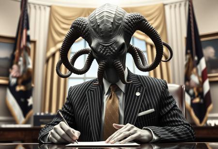 president cthulu in a sharp pin striped suit posing for presidential portrait in the oval office, real photograph, signing bill, ominous darkness
