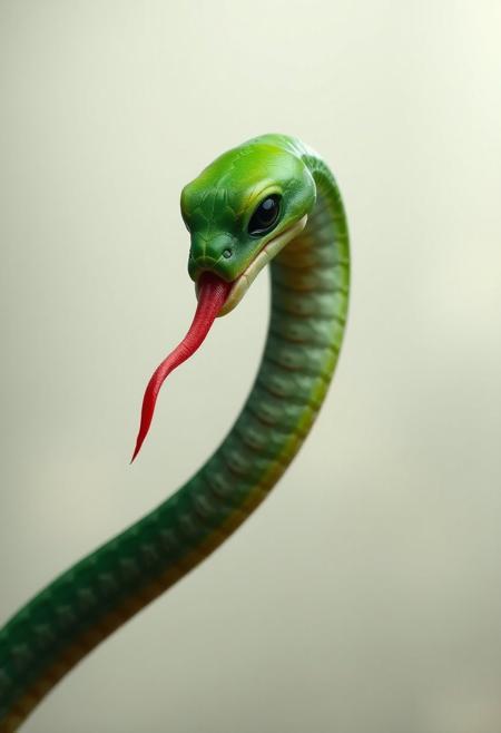 The image, which represents a snake-like one with a slender, elongated body, and a predominantly green glans-shaped head. The creature has a long, curved neck and head, with a small, rounded body and a single red, forked tongue extending from its mouth.
