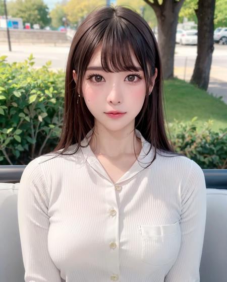 pureerosface_v1:0.3, best quality, photorealistic, 8k, high res, full color, 1girl, woman, 20 years old woman, (closed mouth:1.43), (skindentation), (portrait:0.6), trees, park bench, daylight, ((park background:1.52)), full color, ((officeshirt:1.68)), looking at viewer:1.8, (1girl eyes looking at viewer:1.55), (long hair, brownhair, partedbangs:1.45), (bokeh), <lora:AAG-naomi:0.65>