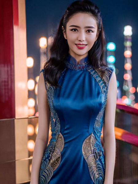 1girl, (wearing a cheongsam:1.2),(in Shanghai city:1.2),(RAW photo, best quality), (realistic, photo-realistic:1.4), masterpiece, an extremely delicate and beautiful, extremely detailed, 2k wallpaper, Amazing, finely detail, extremely detailed CG unity 8k wallpaper, ultra-detailed, highres, soft light, beautiful detailed girl, extremely detailed eyes and face, beautiful detailed nose, beautiful detailed eyes,cinematic lighting,perfect anatomy,(slim body:1.3),long hair,(black hair:1.2),city lights at night,smiling<lora:Tongliya_V1:0.9>