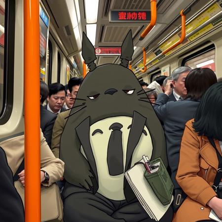 A very tired Totoro, wearing a Japanese salaryman suit, sitting in a very crowded Tokyo Metro train with other passengers on the Hibiya line after a hard day's work.
