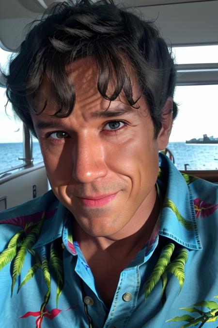 a man <lora:terryDavis:0.95>, short hair, RAW, UHD, 8K, looking at camera, on a yacht at sea, vacation photo, island paradise, colorful Hawaiian button up shirt, candid, amateur, natural lighting, perfect day, [smiling]