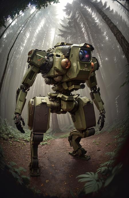 <lora:allymech:0.8> xmech recon robot in a forest, sci-fi, (fisheye lens:1.3), laser, (perspective:1.3), foliage in foreground, (shallow depth of field:1.3), by lee jeffries nikon d850 film stock photograph 4 kodak portra 400 camera f1.6 lens rich colors hyper realistic lifelike texture dramatic lighting unrealengine trending on artstation cinestill 800