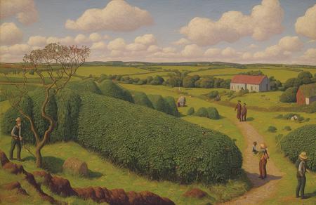 style of Henry Moret, stand ,farm ,hedgerow,orchard , Lava Tube , scene painting,scenery,a painting,