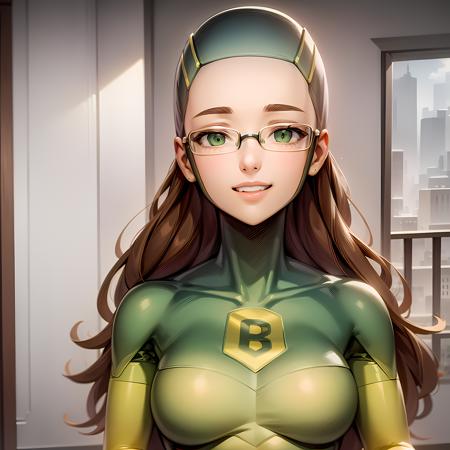 ((masterpiece, best quality)), solo,1girl, brown hair, portrait, green eyes, tight, bodysuit, glasses, long hair, Shrinking Rae,smile,  ,  <lora:Shrinking_rae2:0.8>, blue sky, r \(symbol\),