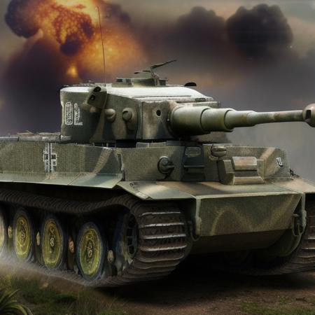 8k_wallpaper,photo,realistic,real,best quality,highly detailed,masterpiece,ultra-detailed,illustration,wallpaper,incredibly_absurdres,extremely detailed,1908,dark,fog, rain,wind, A photo of a tiger tank firing a gun while advancing in muddy terrain, raising a cloud of dust,tank use a 75mm KwK 40 L/42 gun, soldier,Dugouts,Shrapnel,Entrenchments, Swampy,forest,explosion ,fire,fire smoke explosion broken tank in background, , (tigertank), tank ((short)) single barrel, 1 barrel <lora:tigertank:1>, barrel close up, face to face