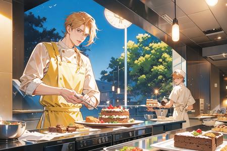 (masterpiece:1.2),(masterpiece, top quality, best quality)
1 girl, 1 boy, 2 people, chef, Chef hat, kitchen, pastry, cake, cream, dessert, food,chef uniform, chef, kirochef, 
<lora:hunli:0.5>