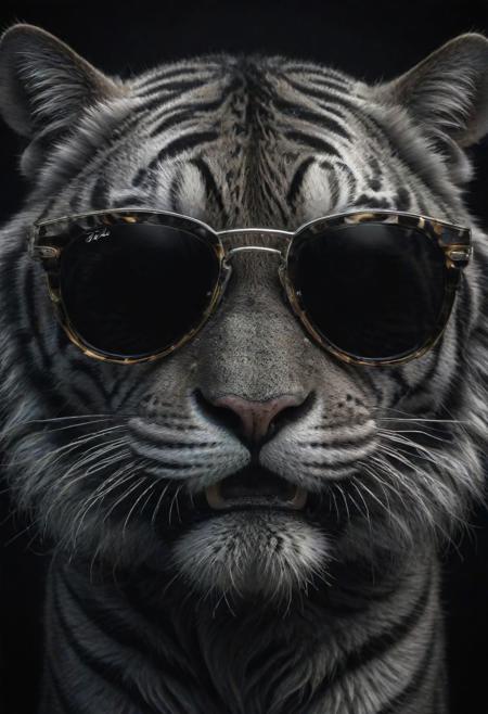 (best quality, 8K, high resolution, masterpiece), ultra detailed, (3D CGI), a beautiful pair of sunglasses, trendy, fashionable, silver and black stylized tiger-eye shape, on a black background, countryside advertising, winning photo,