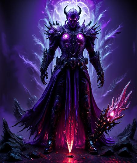 (Anime cyberpunk style) depiction of An Avenging Demon, (highly detailed) features intricate Red and Black spiked armor with RED LED glowing accents amidst a dark background, creating a striking contrast. The ambiance is intense and dramatic, infused with neon colors of purple and  blacks highlighting his powerful presence and evoking wonder and awe. (HD), ultra-detailed, captivating composition.
