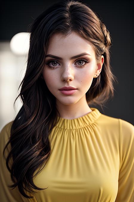 photo of beautiful (rubyof33:0.99), a woman in a (movie premiere gala:1.1), perfect hair, hair upsweep updo, wearing yellow (tunic:1.1),  ((Icepunk:1.1)), modelshoot style, (extremely detailed CG unity 8k wallpaper), professional majestic (photography by  richard avedon:1.1), (Panasonic Lumix GH5 II Mirrorless Camera), 24mm, exposure blend, hdr, faded, extremely intricate, High (Detail:1.1), Sharp focus, dramatic, soft cinematic light, (looking at viewer), (detailed pupils), (upper body), 4k textures, soft cinematic light, adobe lightroom, photolab, elegant, ((((cinematic look)))), soothing tones, insane details, hyperdetailed, low contrast