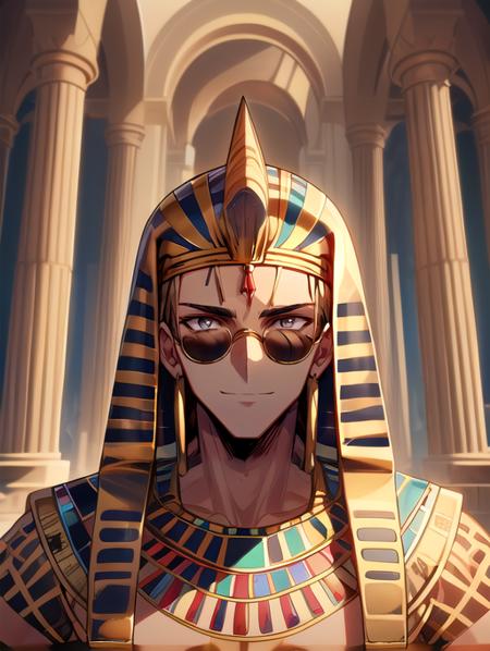 best quality, masterpiece, highres, detailed, digital artwork, <lora:Detail - add_detail:0.2> , PharaohCh, <lyco:Change - PharaohCh:0.8>,  <lora:Character - MasanoriV:0.6>, MasanoriV, round sunglasses, egyptian headdress, evil smile, shadows, stone pillars, 1man,