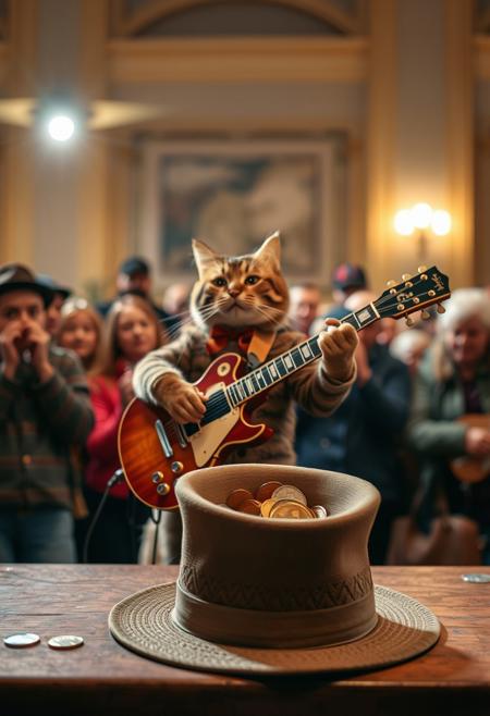 cat playing the guitar for a crowd, hat before the cat. coins in the hat.