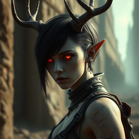 a highly detailed epic cinematic concept art CG render digital painting artwork: post-apocalyptic world with a mysterious and captivating character named Backdoor, fair skin, short black hair, luminous red eyes, long pointed ears, and antlers on her head, inspired by fantasy and post-apocalyptic themes, trending on ArtStation, subtle muted cinematic colors, made in Maya, Blender and Photoshop, octane render, excellent composition, cinematic atmosphere, dynamic dramatic cinematic lighting, precise correct anatomy, aesthetic, very inspirational, arthouse
