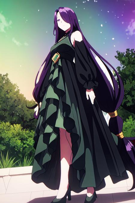 aurora, 1girl,  solo,  long hair,  very long hair,  dress,  black hair,  sky,  looking at viewer,  standing,  low-tied long hair,  purple eyes,  long sleeves,  closed mouth,  hair over one eye, high hells, black footwear, dark green dress, outdoors
high quality, best quality, ultra detailed, masterpiece, bare shoulders, <lora:EMS-55245-EMS:0.800000>