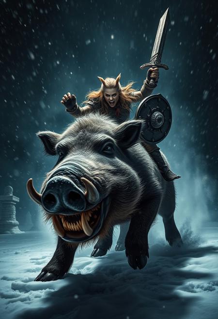 Portriat of A menacing large ferocious polar boar with battle scars, growling and snarling, lunges forward under the cover of a nocturnal snow storm, snowy ground and snow powder, illuminated by a striking Rembrandt-style spotlight. An enraged female goblin warrior, riding the beast, clutches a sword triumphantly in one hand and a shield in her other hand, her intense eyes ablaze with victory. Their dynamic pose against the backdrop of an ultra-high-contrast HDR night sky, creates an epic, moody tableau immortalizing the clash of power and determination.