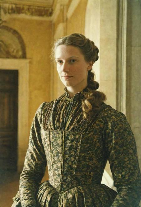 1700 austrian woman, half body portrait,  1700 hairstyle and dress, in austrian castle, shadows, low light,kodak gold 400 analog film faded, direct print