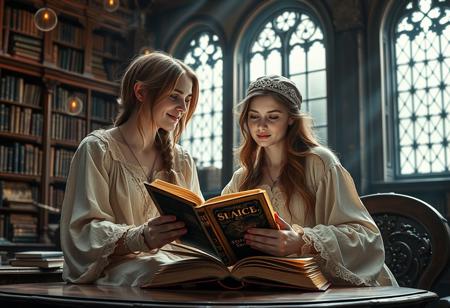 beautiful women with light brown hairs in light rustic fantasy dress seating on a table and reading magic spell book. Man with black short hair looking at her and smile. Man and women are in a magic huge ancient library, flying books with magic circles around, ray of light from huge windows. Picture is full of magic and romantic. High quality, super detailed face, long short, full body, focus on face