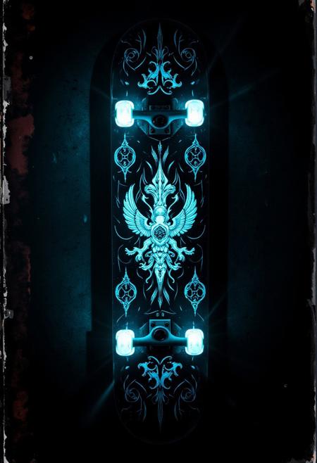 photograph, The Forces of Darkness, Insensitive (Container Skateboard:1.3) , intricate designs, Bathed in shadows, glowy Luminescence, still, Ilford XP2 400, pinhole lens, High Contrast, overly complex style, epic, realism, 
detailmaximizer, gaming, magic frame, object