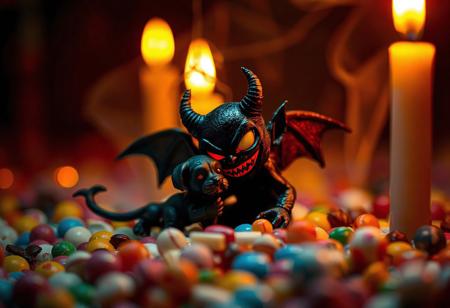 miniature close-up shot. a tiny black devil-toy, anime style, made of black smoke, red glowing grimm smile, hinds his horrific doings, eating, a smaller detailed miniature puppy, in a dark but colorfull candy land, glowing from the candles, vast surreal world in the background. candyland in dramatic lighting, whispering horror. Shot with a full-frame DSLR, 85mm lens at f/1.8 for shallow depth of field, ISO 400, 1/100 shutter speed. soft light enhanced with slight post-processing contrast boost and warm tone grading. balancing candy love and dark horror, creating a sad but beautiful show,