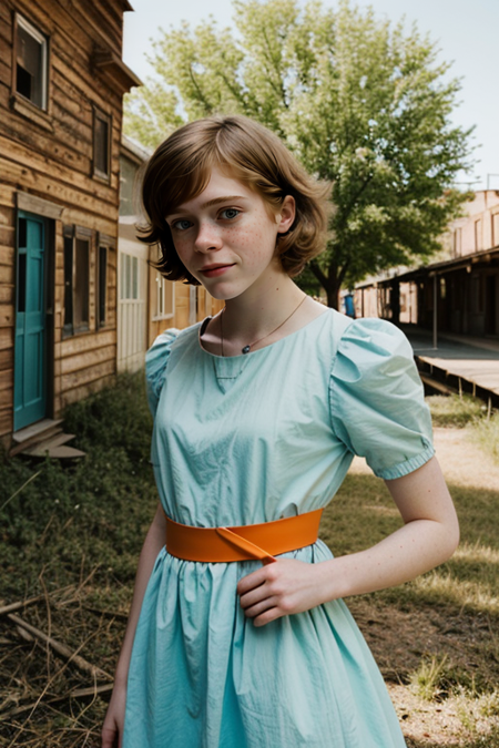 SophiaLillis, Parisienne dress, feminine pose, well-lit wooden structure, abandoned Wild West ghost town, late afternoon, colorful red orange yellow light, very emotional camera angle, medium format camera, in the style of (Life Magazine)