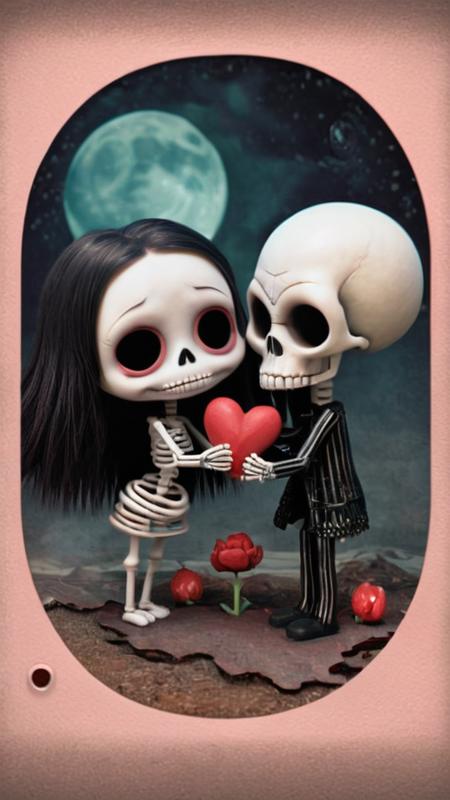 an artists interpretive depiction of a bloody valentine with the text ("TILL DEATH DO US PART":1.5), (a cute macabre adult valentine's day card:1.1), (Kris Kuksi:1.3), (Mark Ryden:1.1), (Gris Grimly:1.1), (Tim Burton:1.4), (Gorjuss:1.1), (by Edvard Munch:1.5), (rubber hose animation:1.5), selective focus, miniature effect, highly detailed, vibrant, perspective control, (two cute happy skeletons blissfully in love:1.1), a man skeleton and a woman skeleton with long hair, a loving skeleton couple in elegant formal wear, victorian, gothic, valentine, romantic, adorable, pastel colors, soft focus and diffused lighting, intricate background detail, digital painting, ultra-detailed, cinematic, macro, mystical, magical, vibrant photography, shimmering light, dreamy, whimsical, serene, soft-focus, hyper-detailed digital art, complex scenery with fine details, surreal and majestic atmosphere, highly detailed, accentuated luminosity and intricate details, award-winning photograph, 8k, hyperdetailed, octane render, breathtaking, masterpiece, award-winning, beautiful composition, professional, high contrast, cute, skulls, skeletons, cartoon, love, hearts, infinite, eternity, demonic, (nightmare, frightening, doom, terror, horror, sorrow:1.2) , BREAK (a cute macabre adult valentine's day card with the text "TILL DEATH DO US PART":1.4), ("TILL DEATH DO US PART":1.5), (rubber hose animation:1.5) BREAK (Kris Kuksi:1.2), (Mark Ryden:1.4), (Gris Grimly:1.4), (Tim Burton:1.2), (Gorjuss:1.2), (rubber hose animation:1.5) BREAK (by Becky Cloonan:1.5), (rubber hose animation:1.5) BREAK (rubber hose animation:1.5)