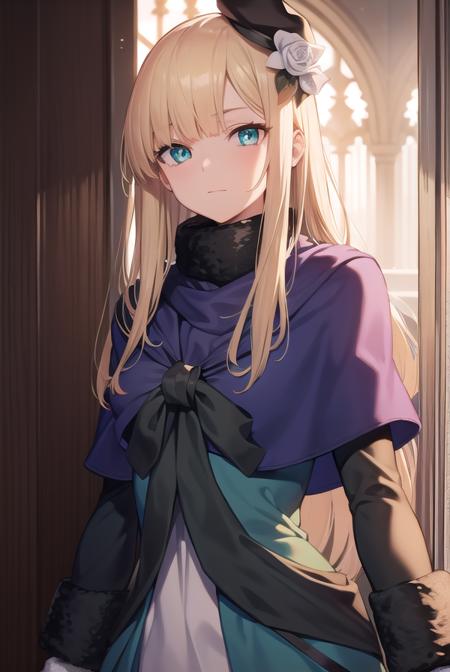 fgoreines, <lora:reines-lora-nochekaiser:1>,
reines, blonde hair, (green eyes:1.5), long hair, bangs, blunt bangs, (small breast:1.2),
BREAK beret, black headwear, black ribbon, blue dress, brown gloves, dress, flower, fur collar, fur trim, fur-trimmed sleeves, gloves, hair flower, hair ornament, hair ribbon, hat, long sleeves, ribbon, rose, tilted headwear, white flower, white rose,
BREAK looking at viewer,
BREAK indoors,
BREAK <lyco:GoodHands-beta2:1>, (masterpiece:1.2), best quality, high resolution, unity 8k wallpaper, (illustration:0.8), (beautiful detailed eyes:1.6), extremely detailed face, perfect lighting, extremely detailed CG, (perfect hands, perfect anatomy),