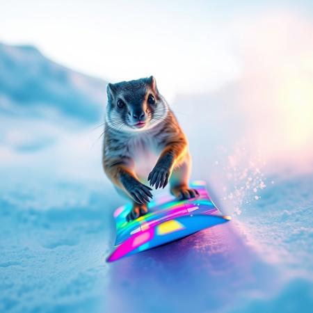A humanoid weasel on a luminescent, multicolored snowboard descends a snowy slope, extreme close-up, snow powder, speed, sport high level photography