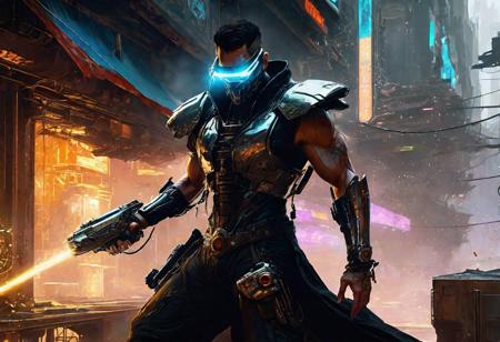 action shot, illustration by (Stephan Martiniere), (((cyberpunk, high fantasy))), a handsome rugged brawny muscular mexican cyberpriest casting a spell, early 30s, body hair, (short hair), (dark tan skin), black sleeveless robe with silver trim, short beard, earrings, ((plain) silver jewelry), round face, soft facial features, (iridescent magic (swirls, effects, bloom)), outdoors, (fine, exquisite, ornate, extreme, hyper (detail)), bright color