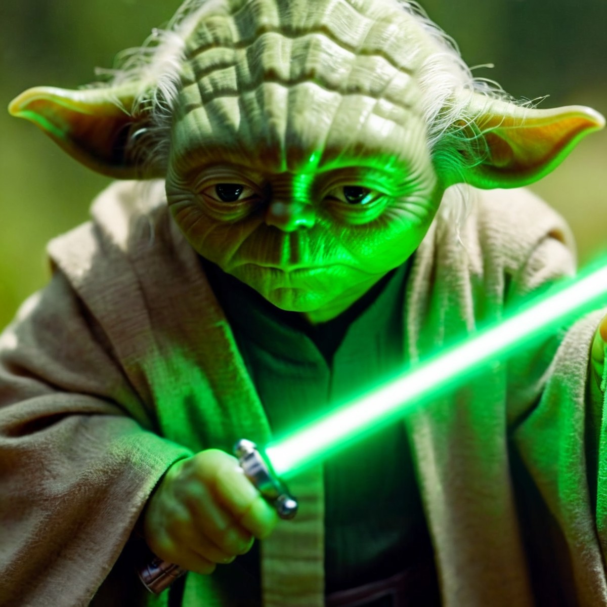 cinematic film still of  <lora:Yoda:1.2>
Yoda a close up of a person holding a green light saber In Star Wars Universe, sh...