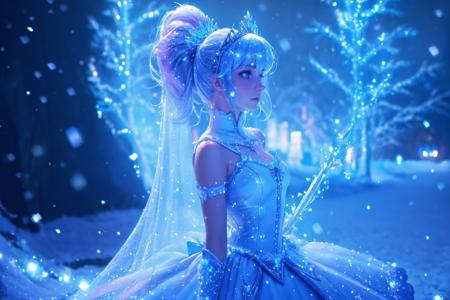 cinematic film still  ((flourescent [blue|magenta] theme)), iridescent aura, weiss schnee ponytail, tiara,   ((snowing))  high quality, best quality, highres, high detail,  masterpiece, best quality, <lora:Bluemageddon:1.1>, standing, . shallow depth of field, vignette, highly detailed, high budget, bokeh, cinemascope, moody, epic, gorgeous, film grain, grainy