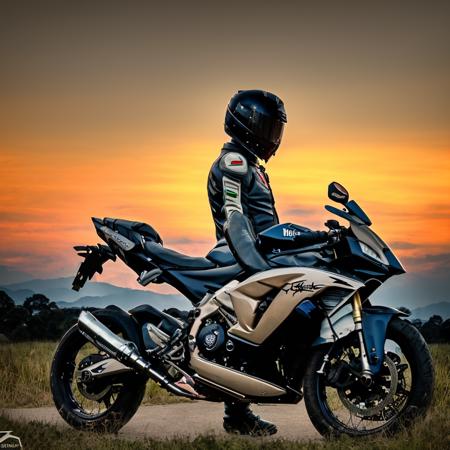 motoe_vehicle,sunset,motor_vehicle,realistic,ground_vehicle,cloud,mountain,orange_sky,car,dusk,pilot_suit,science_fiction,<lora:jiche:0.9>,