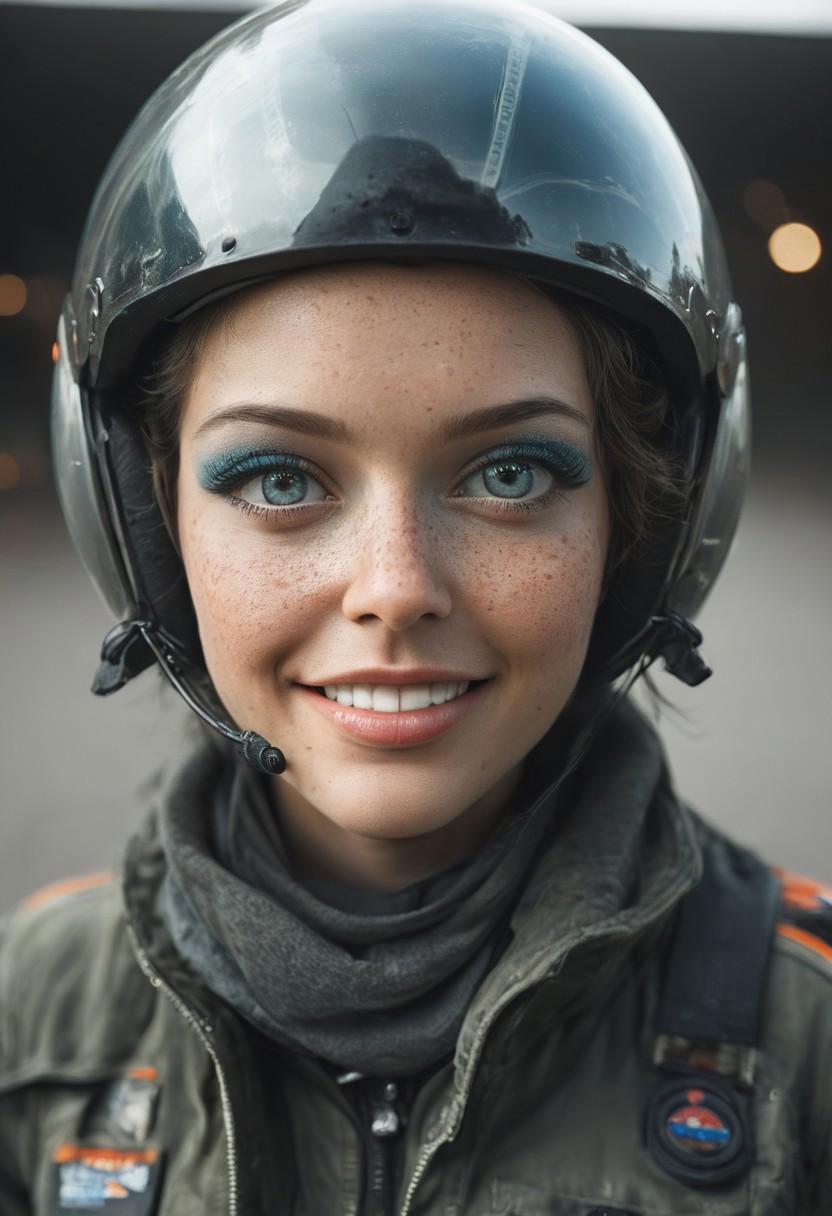 masterpiece, best quality, (colorful), cinematic lighting, realistic, dynamic pose, extremely detailed, beautiful detailed face
aprofessional portrait photo of  a radiant young woman with short and curly blond  hair, she is an intrepid pilot posing besides her jet fighter, gentle smile , donning pilot cloths, stands proudly, vibrant atmosphere, full-bodied figure, extremely detailed plane, extremely detailed airshipcarrier, pilot helmet, pilot jacket and trousers, heavy leather gauntlets,
 freckles, (moles:0.5, skin blemishes:0.7, blush), (natural detailed skin texture:1.3), solo, smile looking at viewer, (looking at viewer, extremely detailed face, beautiful eyes, detailed eyes, symmetric eyes, open eyes, seductive eyes, big eyes, slim face:1.2), smirk, (eyeshadow, makeup:1.3),perfect white teeth, (white teeth), eye catching, sharp, volumetric light, subsurface scattering, remarkable color, ultra realistic, textured skin, remarkable detailed pupils, realistic dull skin noise, visible skin detail, skin fuzz, dry skin, bokeh, sharp focus on subject