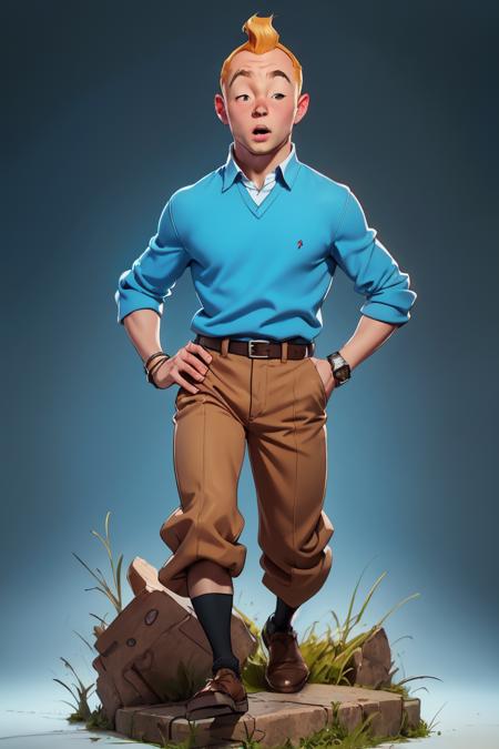 ((best quality)), ((masterpiece)), (detailed),(high-resolution:1.2),
1man, Tintin,1boy, blue top, brown pant, running