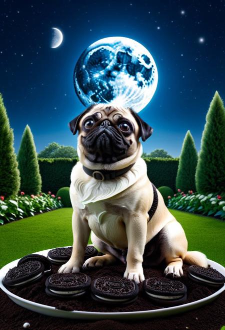 masterpiece, best quality, highres, dog, pug, garden, Oreos, dog sitting, howling, moon. Realistic foliage. pug made of cookies, made of creamy cookies