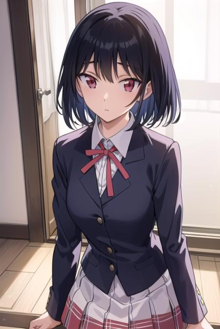 yakumotsukamoto, <lora:yakumo tsukamoto s2-lora-nochekaiser:1>,
yakumo tsukamoto, short hair, black hair, (red eyes:1.3),
BREAK skirt, shirt, long sleeves, bow, ribbon, school uniform, white shirt, pleated skirt, collared shirt, bowtie, red ribbon, neck ribbon, red skirt,
BREAK indoors, classroom,
BREAK looking at viewer, (cowboy shot:1.5),
BREAK <lyco:GoodHands-beta2:1>, (masterpiece:1.2), best quality, high resolution, unity 8k wallpaper, (illustration:0.8), (beautiful detailed eyes:1.6), extremely detailed face, perfect lighting, extremely detailed CG, (perfect hands, perfect anatomy),