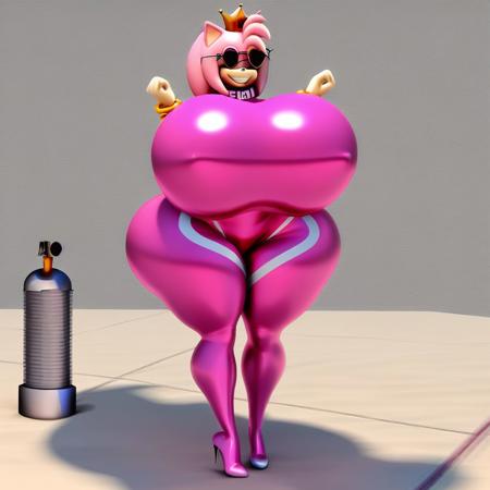 Amy Rose, poseMega, 1girl, breasts, super crown, collar, large breasts, bracelet, crown, ponytail, long hair, smile, jewelry, teeth, nail polish, grin, doll joint, sunnymiami, sunnymiamitf, sunnification, huge breasts, wide hips, sunglasses, pool, plastic skin, tight rubber, cosplay, plugsuit, bodysuit, plastic hair, valve, inflation valve, crease, creases, big head, plastic, gloves